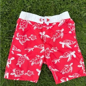 Boden Boys Swim Trunks Red Turtle Print Lined Elastic Waist (SZ 7-8)